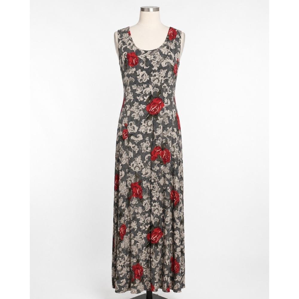 Expressions Women's Dress Size 14 Black White‎ Red Rose Floral Sleeveless Maxi